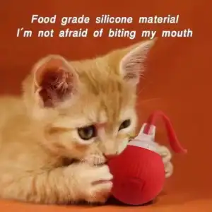 Kitten playfully bites a red silicone object on an orange background; text mentions food-grade silicone material.