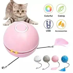 Kitten plays with a pink electronic cat toy ball featuring feathers, a bell, color options, catnip, USB charging, and accessories.
