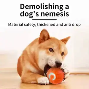 A dog chews an orange rubber ball on wood. Top: "Demolishing a dog's nemesis." Bottom: "Safe, thickened, anti-drop material.
