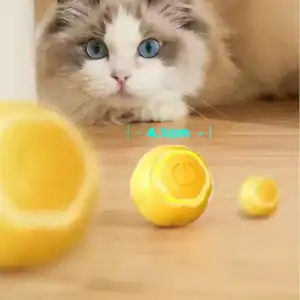 A fluffy cat with blue eyes stares at a yellow toy lemon, 4.1 cm wide, on the floor.