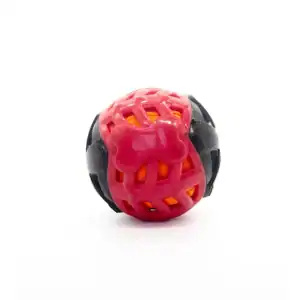 A multi-colored dog toy ball featuring a red web-like design and a bone shape.