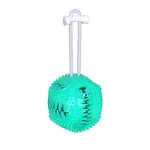 لعبة كلب مطاطية خضراء على شكل مكعب ذات سطح محكم ومقبض حبل أبيض.