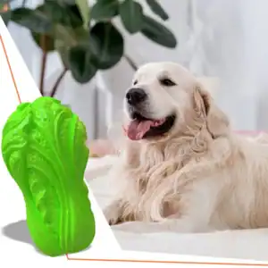 Golden Retriever liegt mit einem leuchtend grünen Spielzeug auf einer weißen Decke.