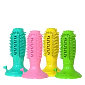 Set of four silicone dog toothbrushes with stands in teal, pink, yellow, and green.