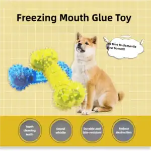 Dog sitting with toy: "Freezing Mouth Glue Toy" cleans teeth, reduces destruction. Thought bubble: "No time to wreck your home!.