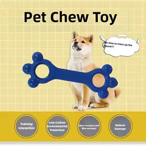 Dog with blue paw chew toy. Speech bubble: "No time to ruin shoes!" Features: training, low carbon, durable, reduces damage.