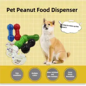 A dog sits beside colorful pet toys and packaging promoting a "Pet Peanut Food Dispenser" with features on a yellow grid background.
