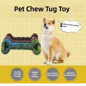 Ad showcasing a dog with a colorful chew tug toy. Highlights chewing benefits, color options, durability, and interactive play.
