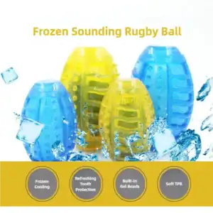 أربع ألعاب كرة رجبي محببة باللون الأزرق/الأصفر، تتميز بحبيبات جل التبريد المجمدة والمطاط الحراري الناعم لحماية الأسنان المنعشة.