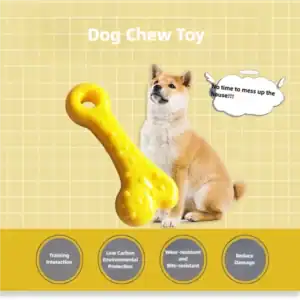 Dog chew toy bone: ideal for training, eco-friendly, water & bite-resistant. Reduces damage. Dog in background.
