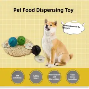 Hund neben buntem Tierspielzeug auf einer Matte; Eigenschaften: Linderung der Einsamkeit des Haustiers, leuchtende Farben, Haltbarkeit und Beißfestigkeit.