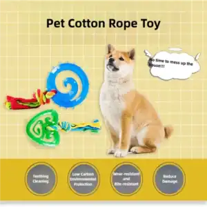 Dog beside colorful ropes with benefits: teething, eco-friendly, wear-resistant, reduces damage. Speech bubble: "No messing up the house!.