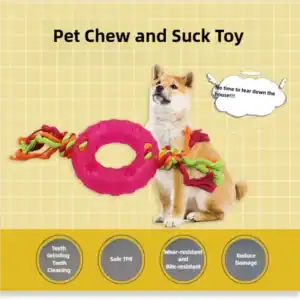 Dog with a pink chew toy on a yellow grid background. Speech bubble: "No time to tear down the house!" Four icons below.