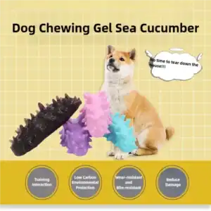 Dog with toys labeled "Dog Chewing Gel Sea Cucumber." Highlights: training, eco-friendly, durable, reduces damage.