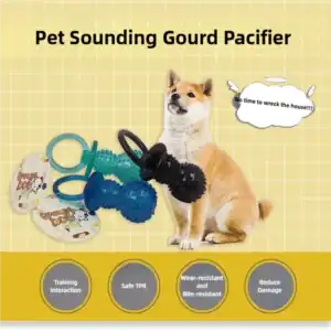 Shiba Inu beside toy pacifiers on yellow grid. Features: Training Interaction, Safe TPR, Wear-resistant, Bite-resistant, Damage Reduction.