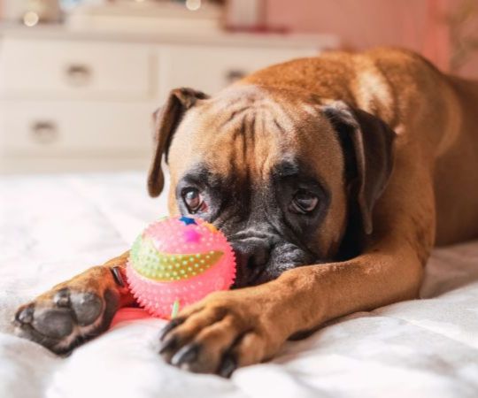 Hund liegt mit einem bunten Spielzeug auf dem Bett.