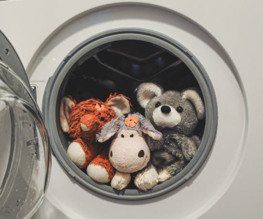 Spielzeug in der Waschmaschine: Drei Stofftiere, darunter ein Känguru, ein Nilpferd und ein Koala, in einer offenen Frontlader-Waschmaschine.