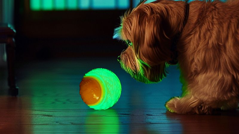 a dog staring at a glow in the night dog toy ball