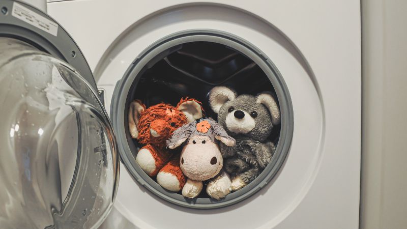 Toys in washing machine: Three stuffed animals, including a kangaroo, a hippopotamus, and a koala, inside an open front-loading washing machine.