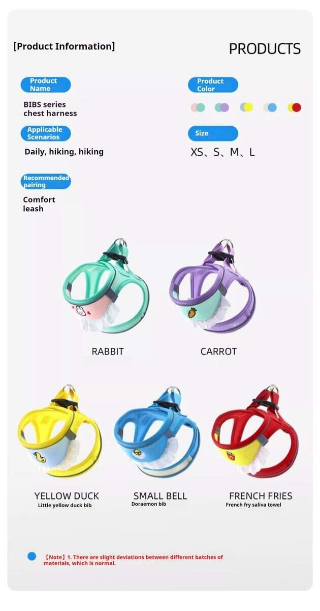 Small pet harness set in Rabbit, Carrot, Duck, Bell, Fries designs (XS-L); great for walks or hikes with your pet.