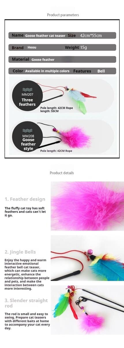 Two types of feather cat wands with jingle bells and slim rods, shown with close-ups of features, colors, and measurements.
