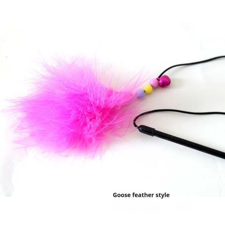 Cat toy with pink goose feathers, colorful beads, and a black wand in "Goose feather style" for kittens.