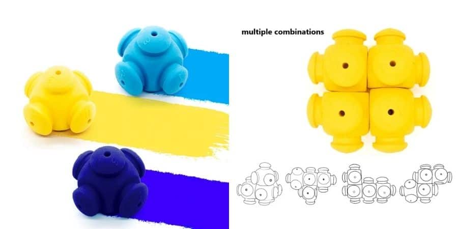 Yellow and blue dog toys on stripes; right shows four combined toys with outlines of different possible arrangements.