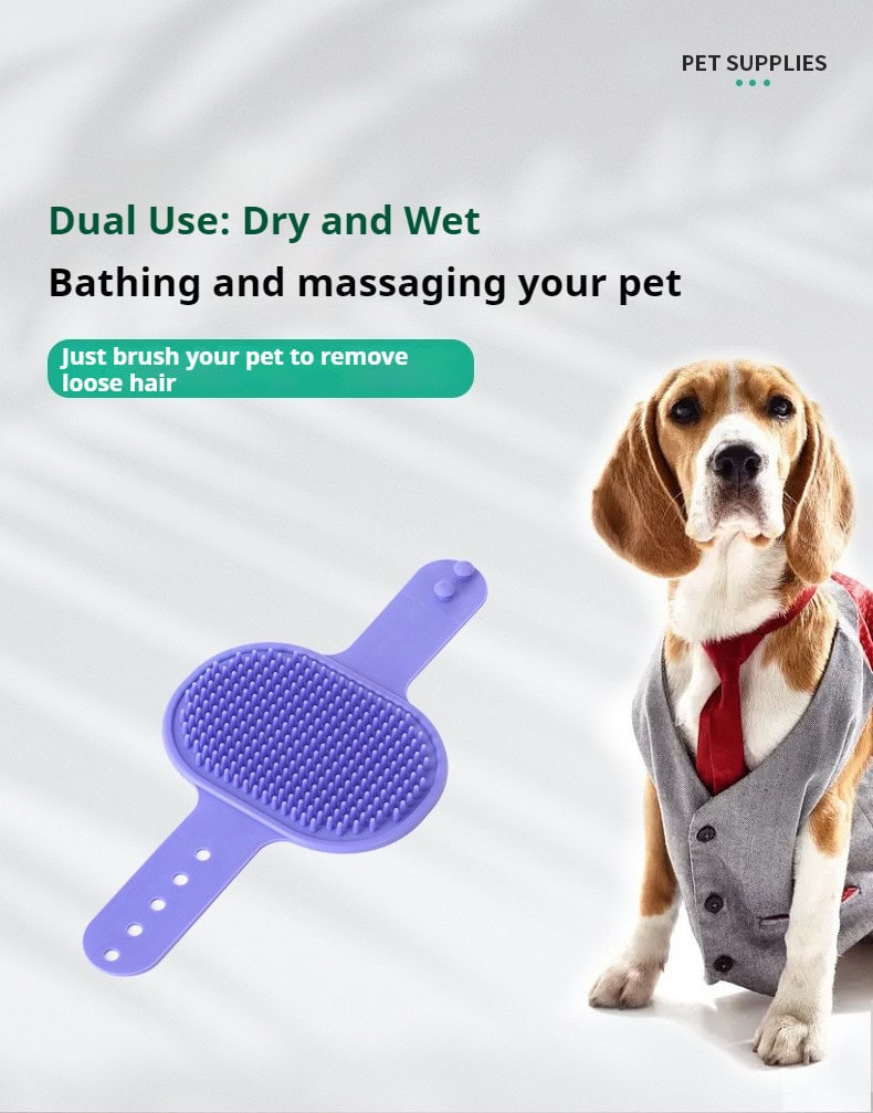 A pet bath brush and a dog in a grey suit with red tie; the brush is for bathing, massaging, and hair removal.