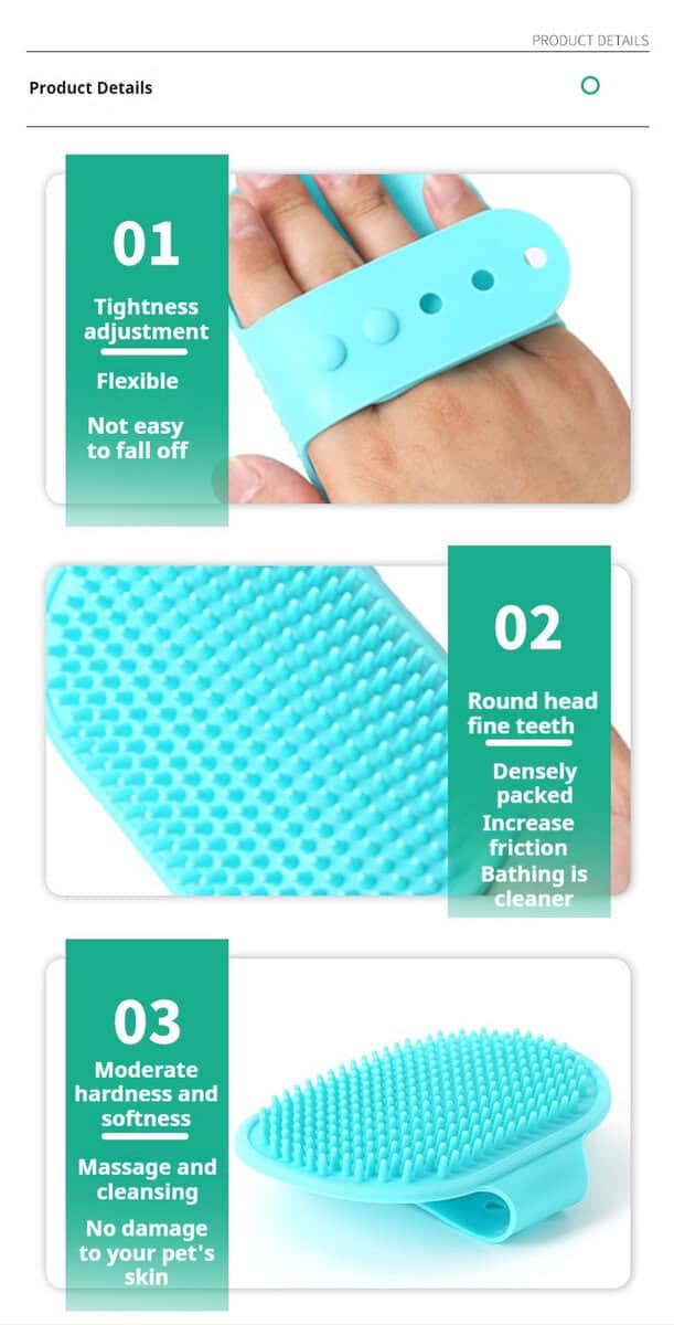 Turquoise silicone dog bath brush with adjustable strap, round teeth, and flexible design, shown on a hand.
