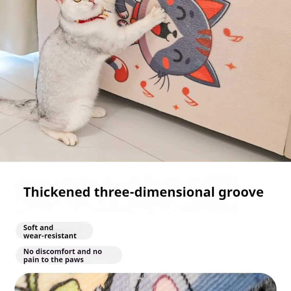 Gray and white cat stretches on a scratching pad toy with a cartoon cat design and durable, paw-friendly grooves.