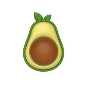 Illustration of Avocado Catnip Toy: a halved avocado with brown seed, green skin, on a white background.