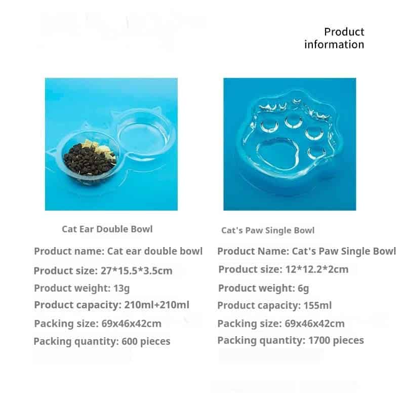 Transparent Double Cat Bowl with paw- and ear-shaped bowls, shown with specs and capacities. Disposable model.