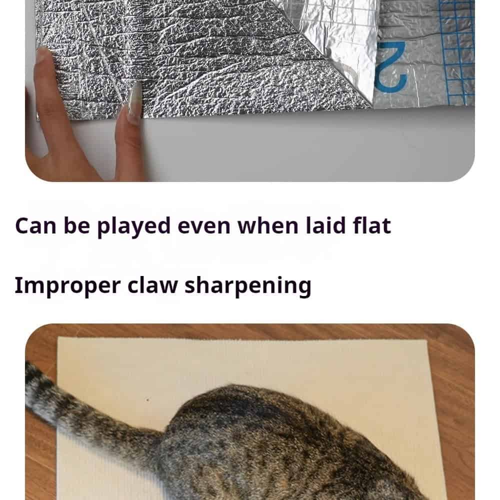 Hand lifts part of cat scratching toy; cat sits below on flat sheet. Text: “Can be played flat. Improper claw sharpening.”.