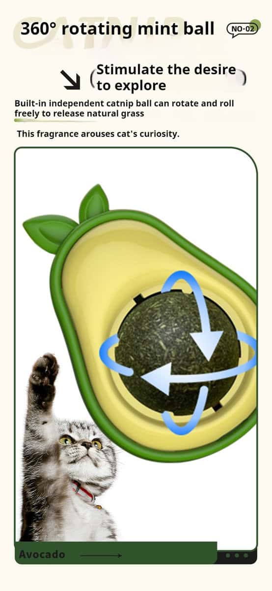 Cat with paw raised next to an avocado toy with a spinning mint ball, highlighting the Avocado Catnip Wall Ball.