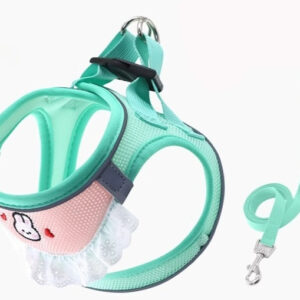 Light blue kitten harness with pink cartoon face, lace trim, and matching leash with metal clasp.