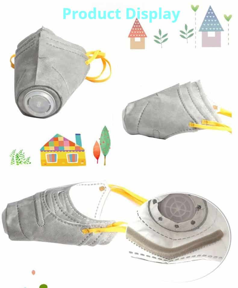 Breathable dog gas mask with yellow straps shown from several angles, plus a filter close-up, on white with house cartoons.