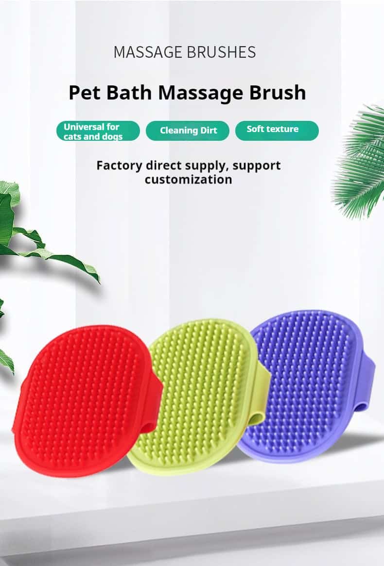Pet Bath Brush Dog Scrubber in red, green, and purple with text about its soft texture and cleaning for cats and dogs.