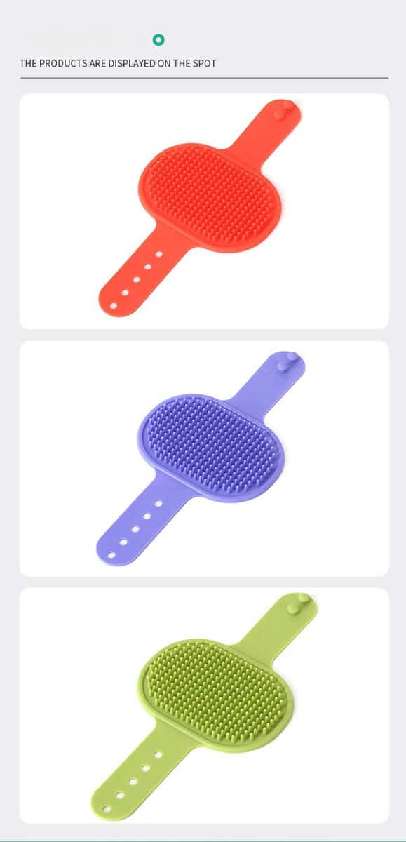 Pet Bath Brush Dog Scrubbers in red, blue, and green with textured surfaces and adjustable straps on a white background.
