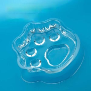 Transparent double cat food bowl, paw-shaped and disposable, shown on a blue background.