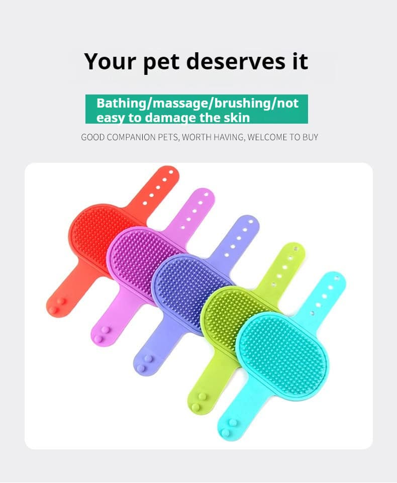 Five adjustable pet bath brushes displayed on white background, for bathing, massaging, and grooming dogs.