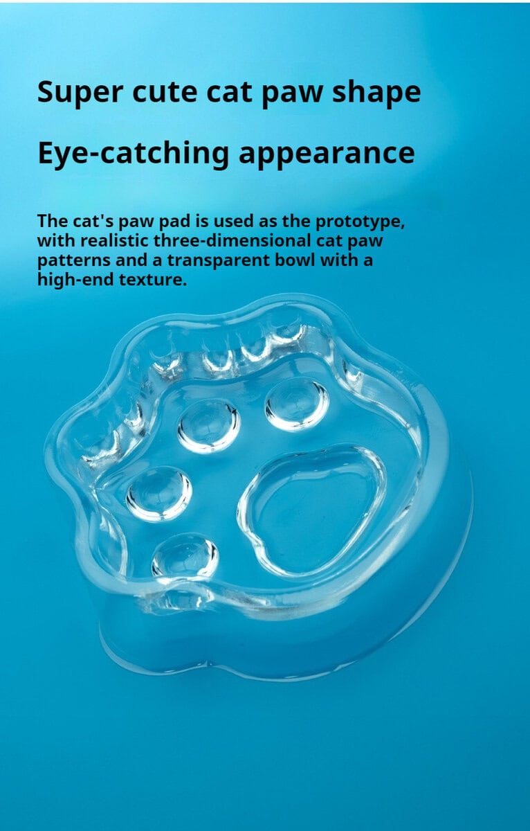 Double Cat Paw-Shaped Transparent Food Bowl with 3D design displayed on a blue background with marketing text.