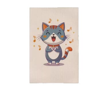 Happy cartoon cat, eyes closed and smiling, plays by a scratching pad toy amid musical notes on a light background.