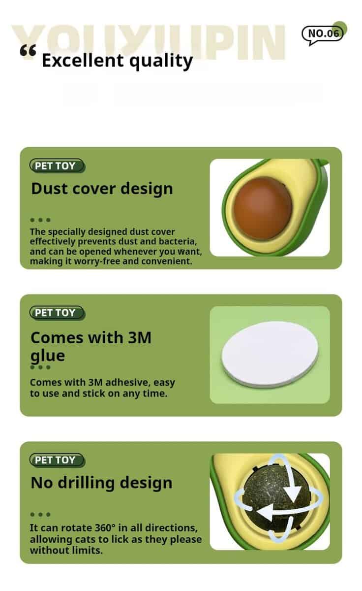 Infographic of Avocado Catnip Minty Wall Ball: dust cover, 3M glue for attachment, and 360° rotating easy-clean design.