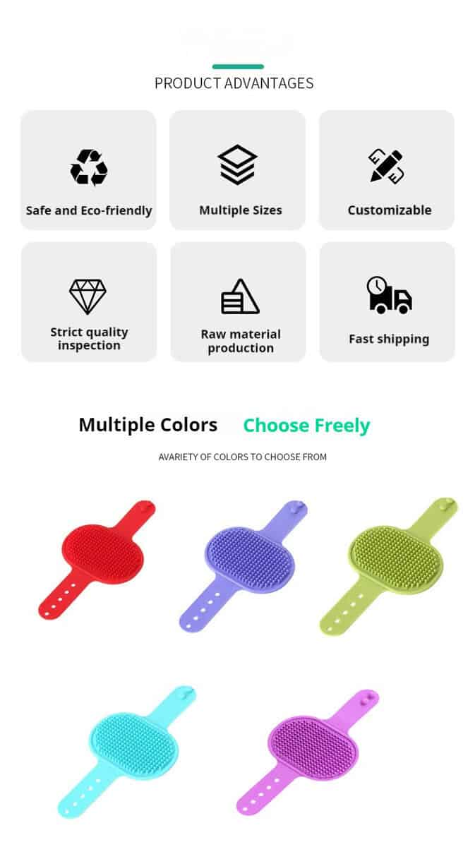 Pet Bath Brush Dog Scrubber in assorted colors and shapes with headings on eco-friendly, customizable, and fast shipping.