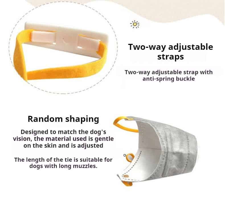 Breathable reusable dog muzzle mask with yellow straps and anti-spring buckle, fits comfortably on long-muzzled dogs.