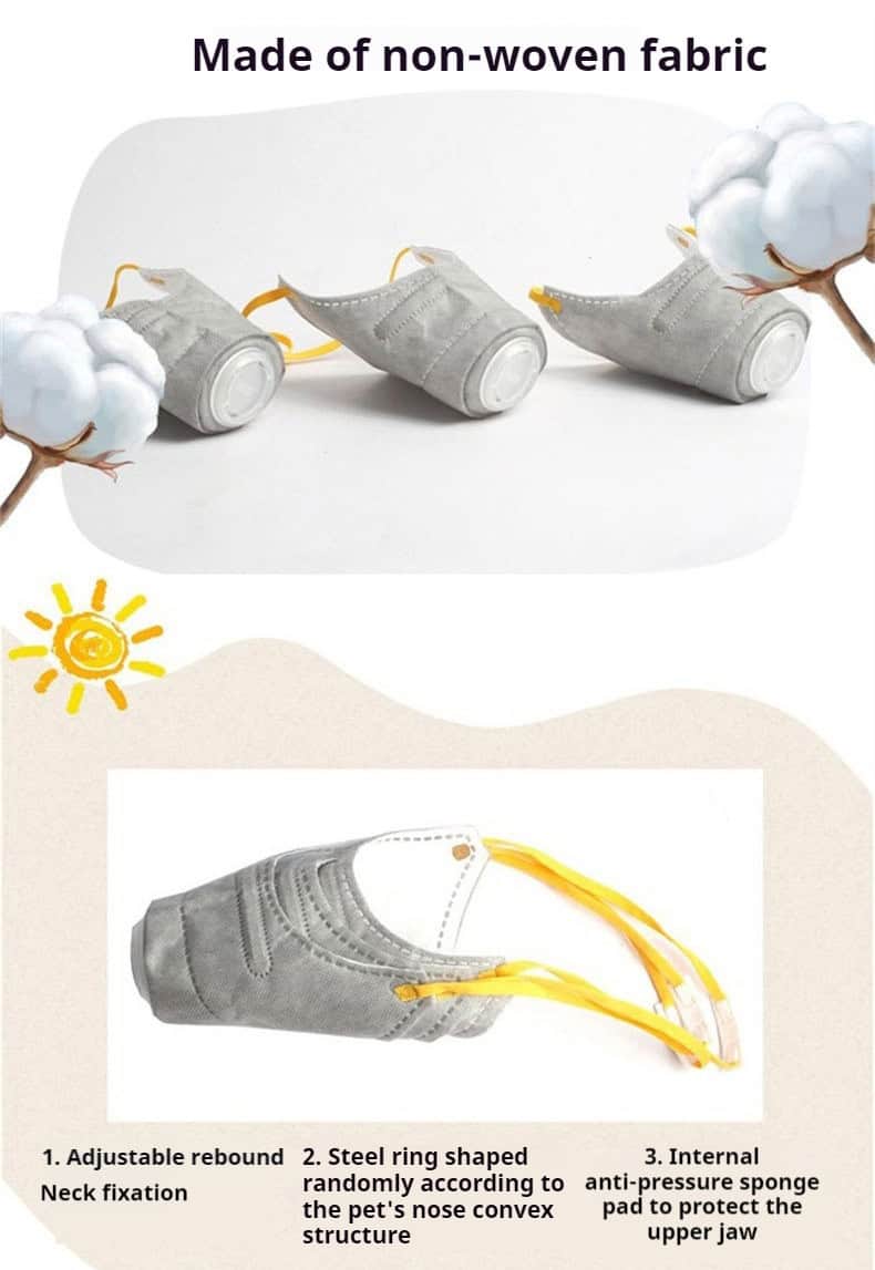 Three gray dog gas mask muzzles with yellow straps, neck fixation, steel ring shape, and anti-pressure sponge.