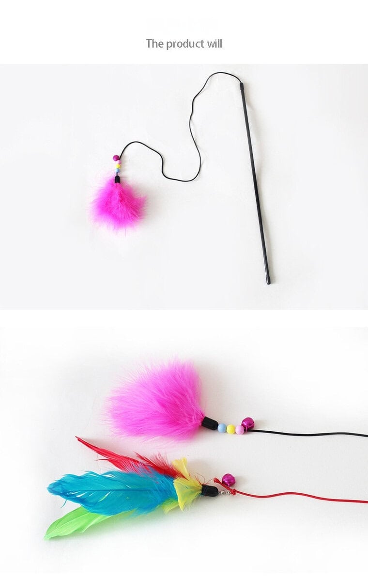 Two images: a teaser wand with string, pink pom-pom, and beads; close-up of pink pom-pom and feathered toys.