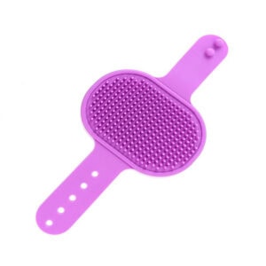 Purple silicone pet grooming glove with bristles and adjustable strap for easy bath scrubbing.