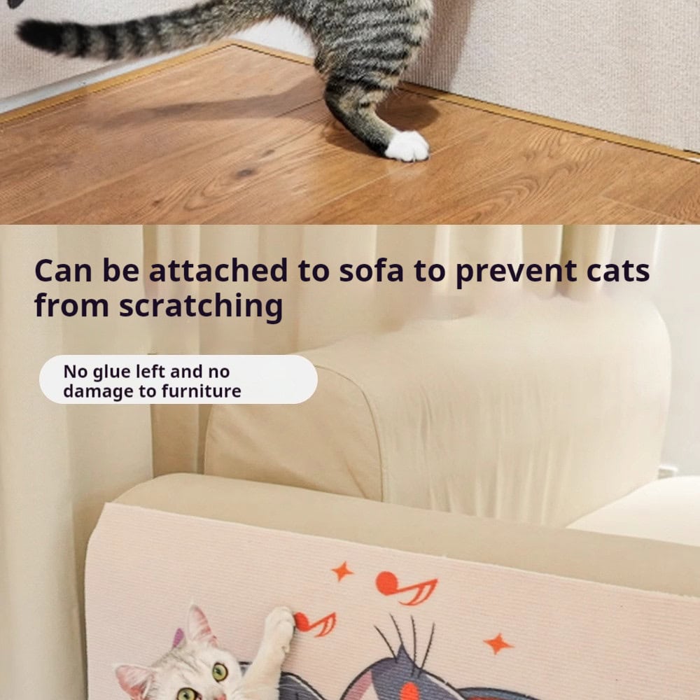 Cat scratches pad on sofa; text says it prevents damage and leaves no glue or marks on furniture.