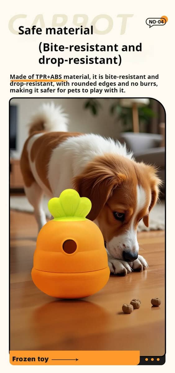 A brown and white dog sniffs treats next to a carrot-shaped, green-topped, bite-resistant treat-dispensing toy.